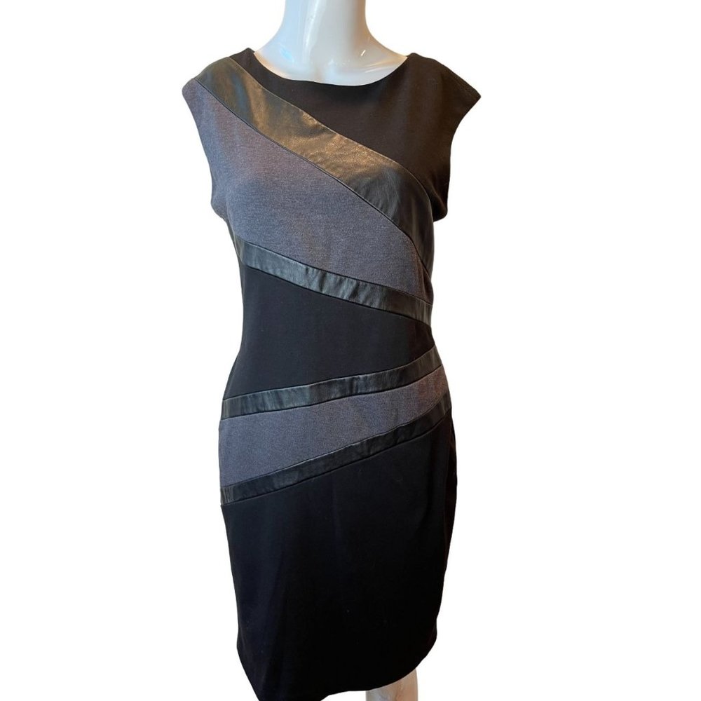 Calvin Klein Womens Sheath Dress Interesting Faux Leather Detail Black Size 4